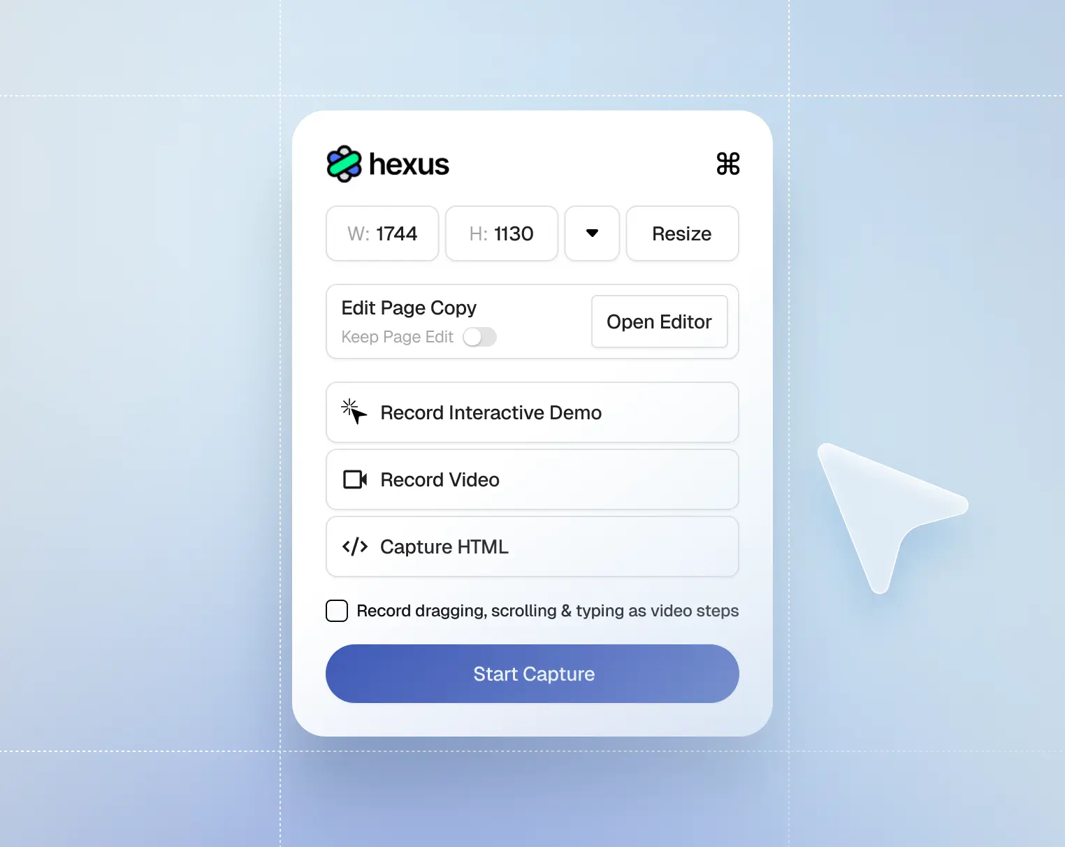Hexus capture panel with controls for interactive demos, videos, and HTML capture