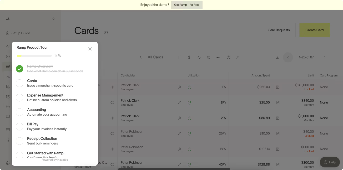 Navattic interactive Ramp product tour with selectable demo topics