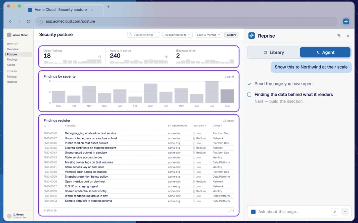 Reprise AI agent preparing data injection for a personalized security dashboard demo