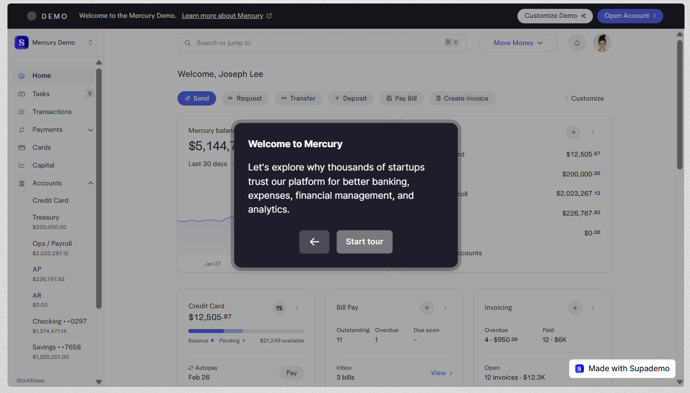 Supademo interactive Mercury product tour with a welcome step