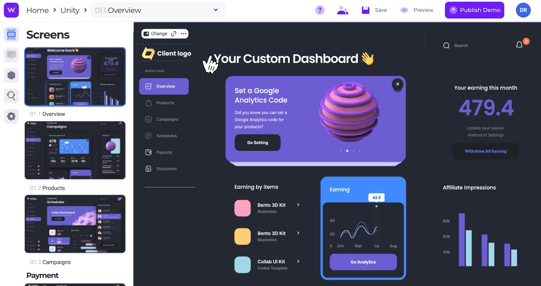 Walnut demo editor showing captured screens and a customized dashboard