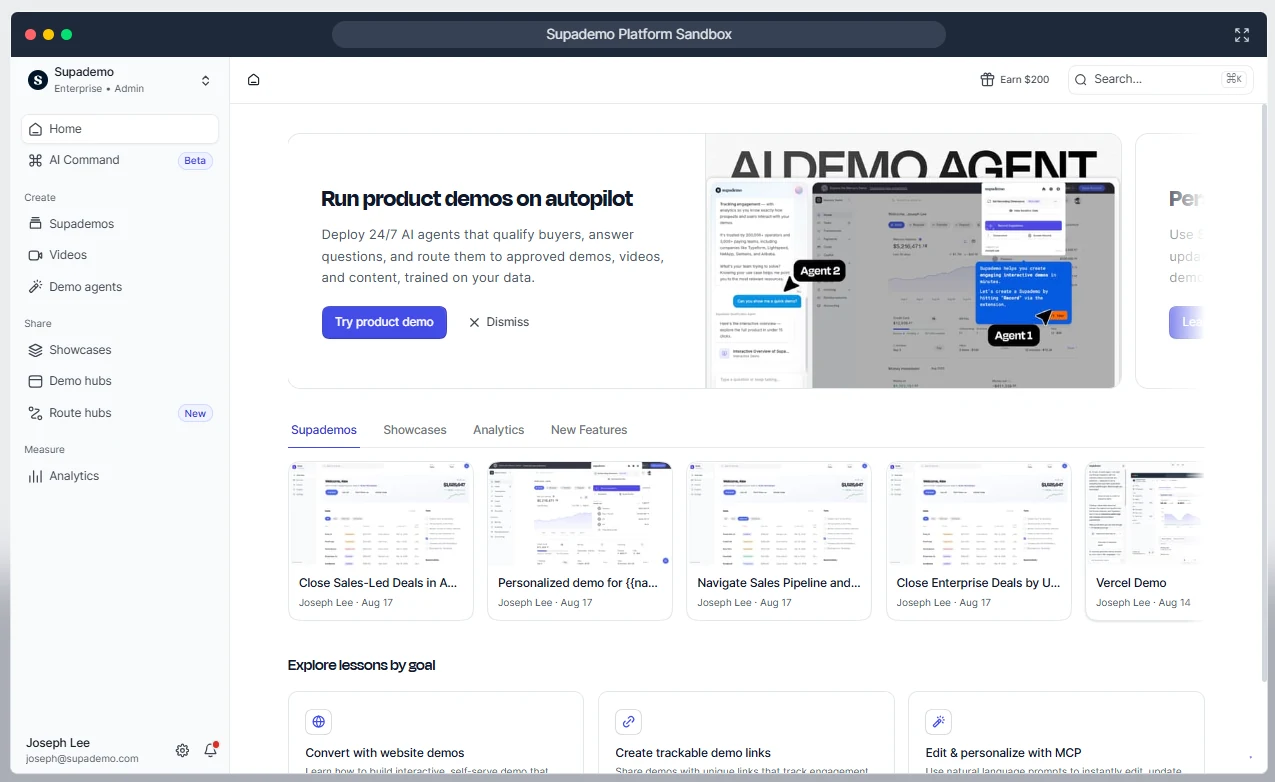 Supademo content hub and demo journeys