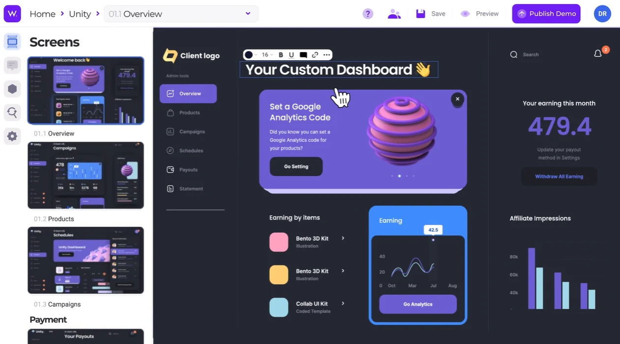 Walnut demo customization interface
