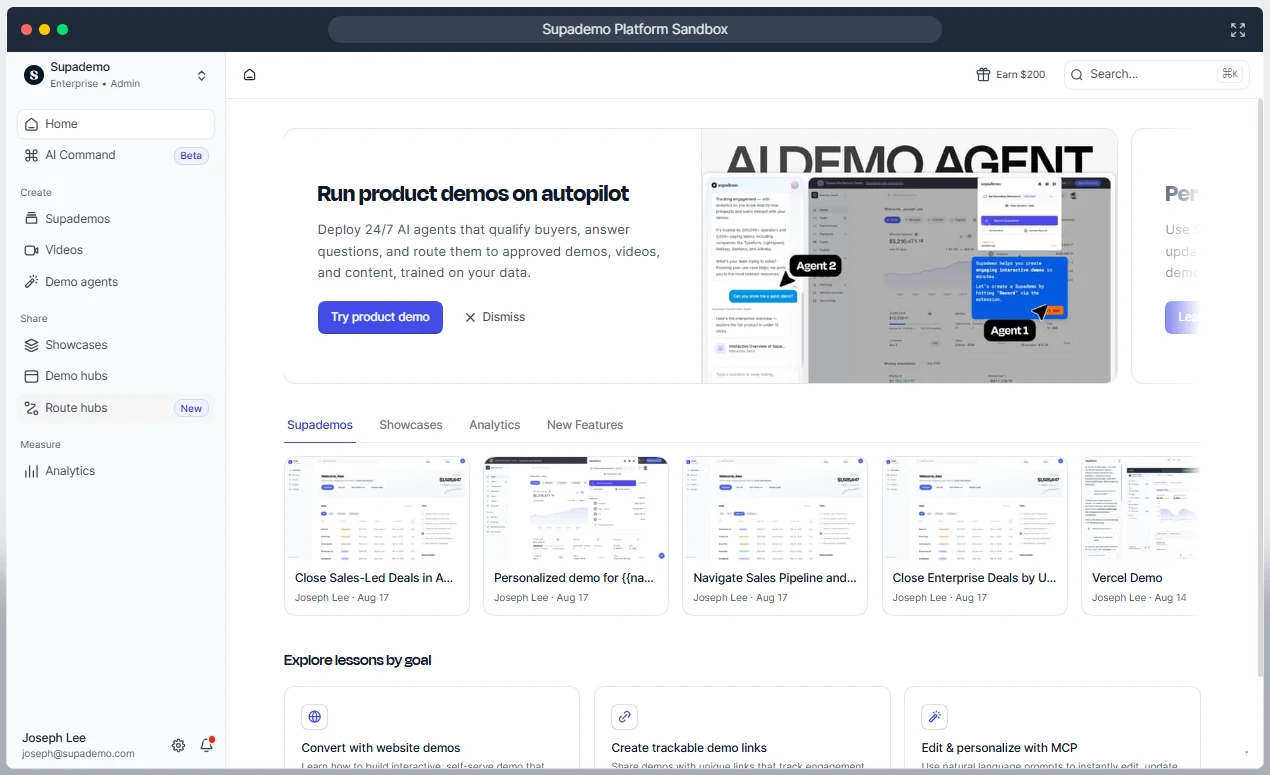Supademo content hub and demo journeys