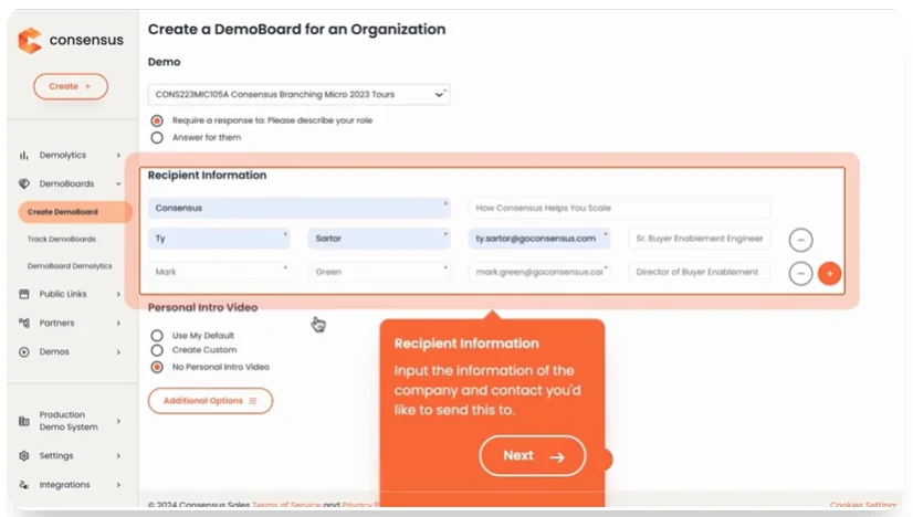 Consensus product tours and live demo interface