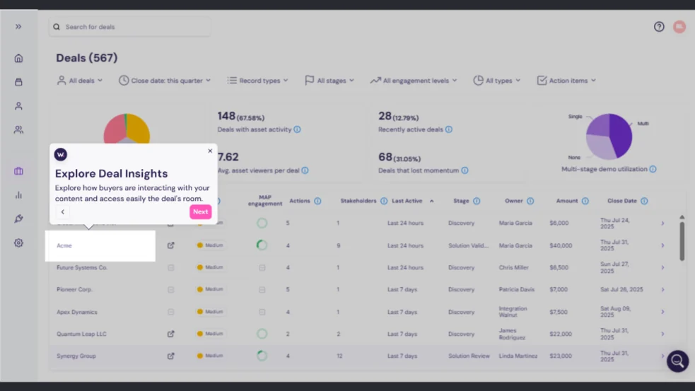 Walnut personalized demo and deal room interface